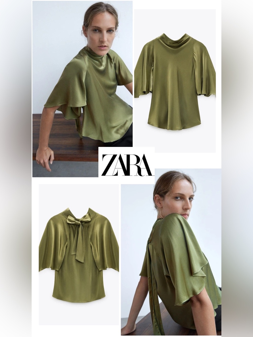 Zara Satin Blouse in Olive Green with Draped Neckline and Cape Sleeves. Size XS